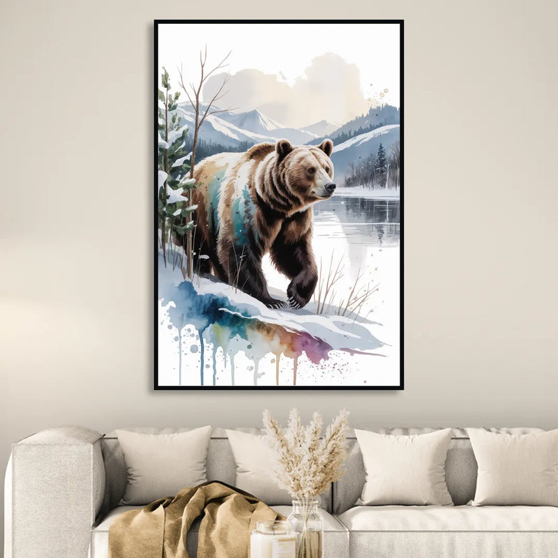 Pristine Winter Bear Landscape Living Room - Black Canvas Wall Art