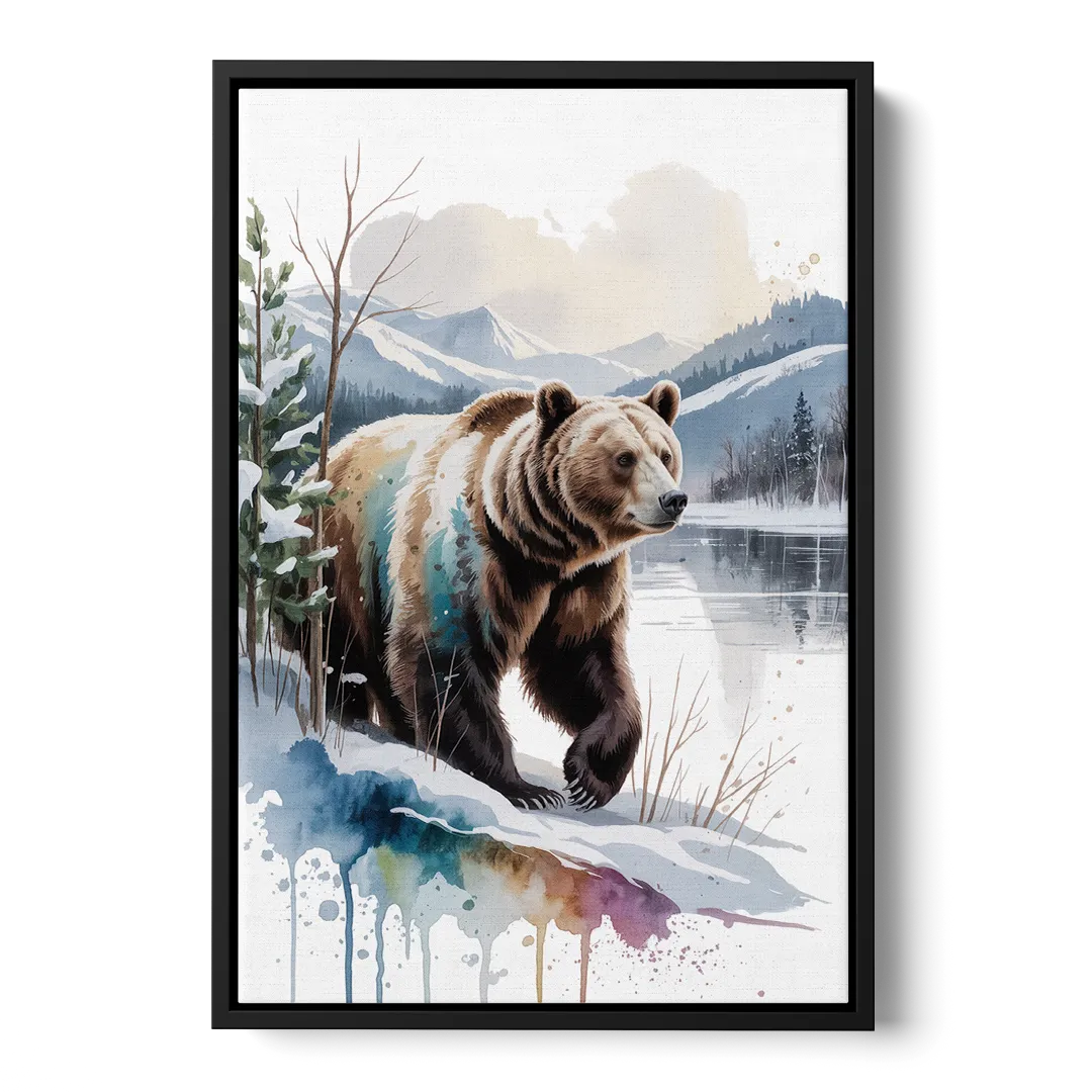Pristine Winter Bear Landscape - Black Frame Canvas