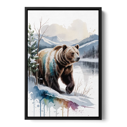 Pristine Winter Bear Landscape - Black Frame Canvas