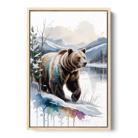 Pristine Winter Bear Landscape - Oak Framed Canvas Wall Art - Front