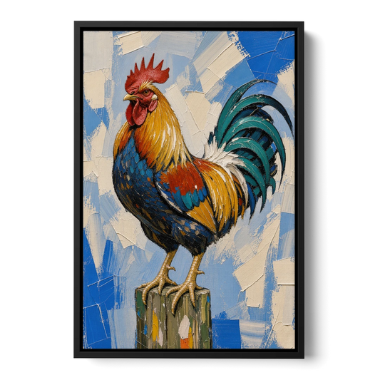 Proud Farmhouse Rooster on a Fence Post - Black Framed Canvas Wall Art - Front