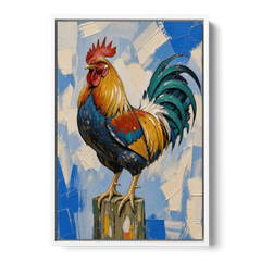 Proud Farmhouse Rooster on a Fence Post - White Framed Canvas Wall Art - Front