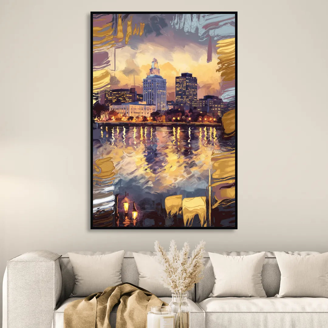 Providence Cityscape Reflection Sitting Room - Black Canvas Wall Art
