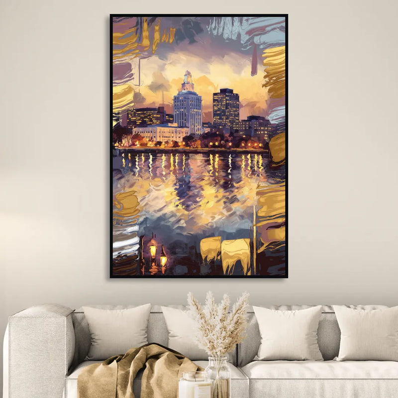 Providence Cityscape Reflection Sitting Room - Black Canvas Wall Art