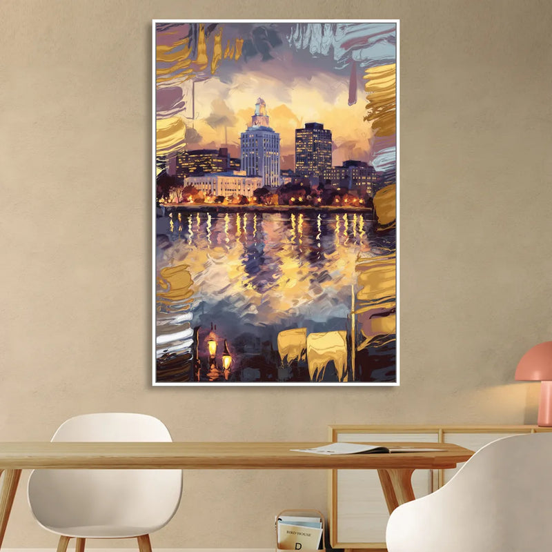 Providence Cityscape Reflection Living Room - White Canvas Wall Art