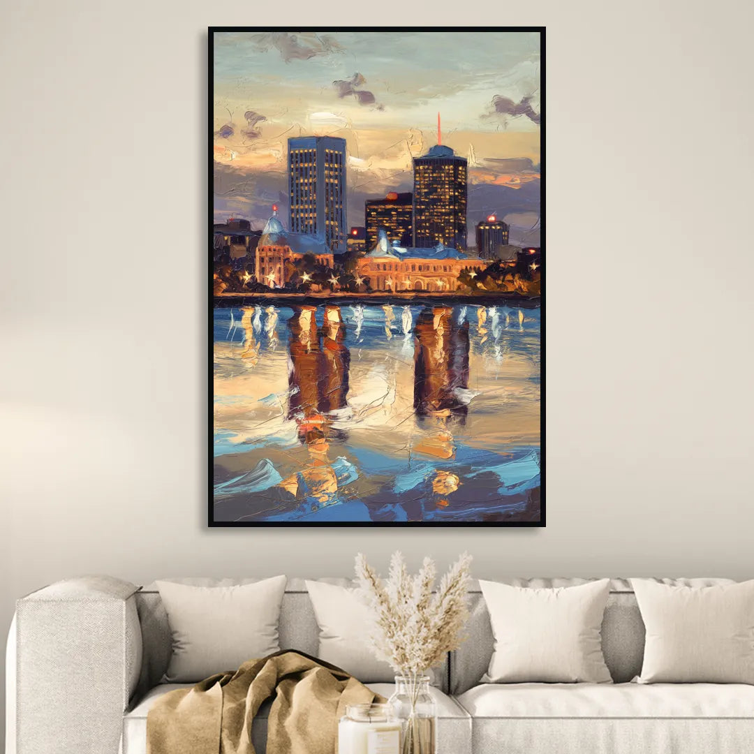 Providence Cityscape Reflection Mirror Living Room - Black Canvas Wall Art