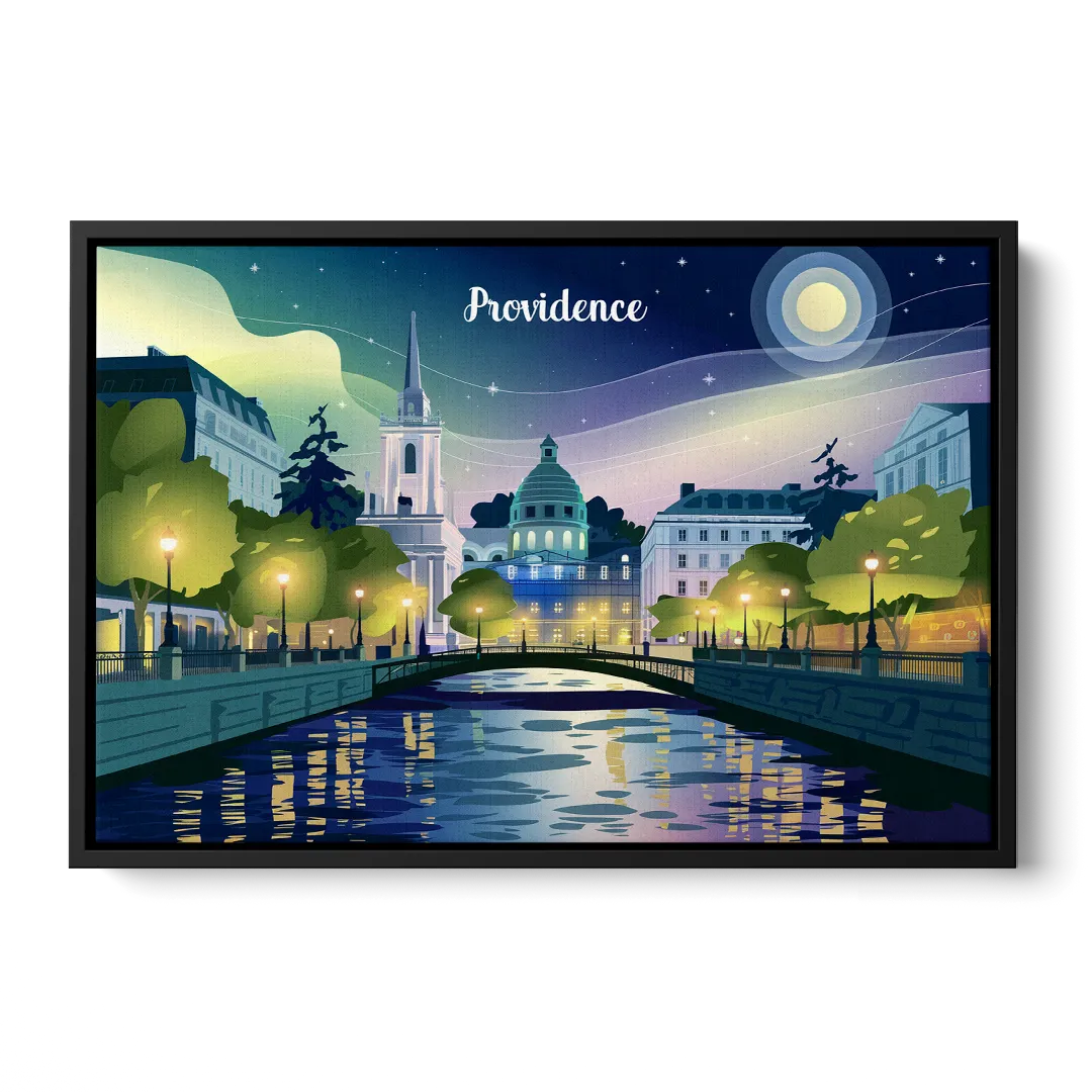 Providence Night Lights Front - Black Canvas Wall Art