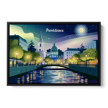 Providence Night Lights Front - Black Canvas Wall Art