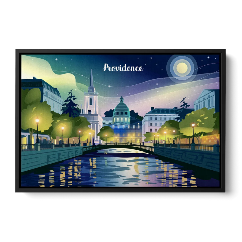 Providence Night Lights Front - Black Canvas Wall Art