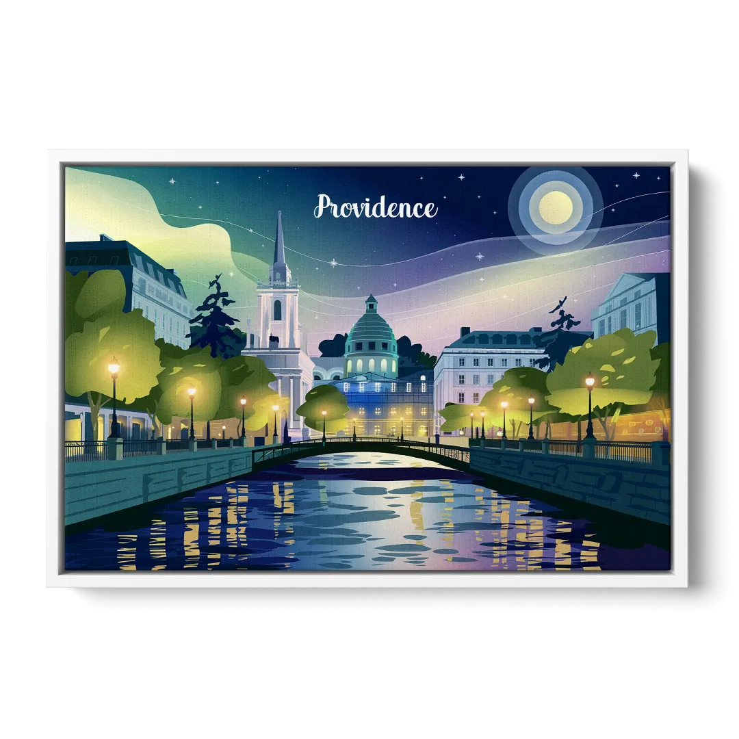 Providence Night Lights Front - White Canvas Wall Art