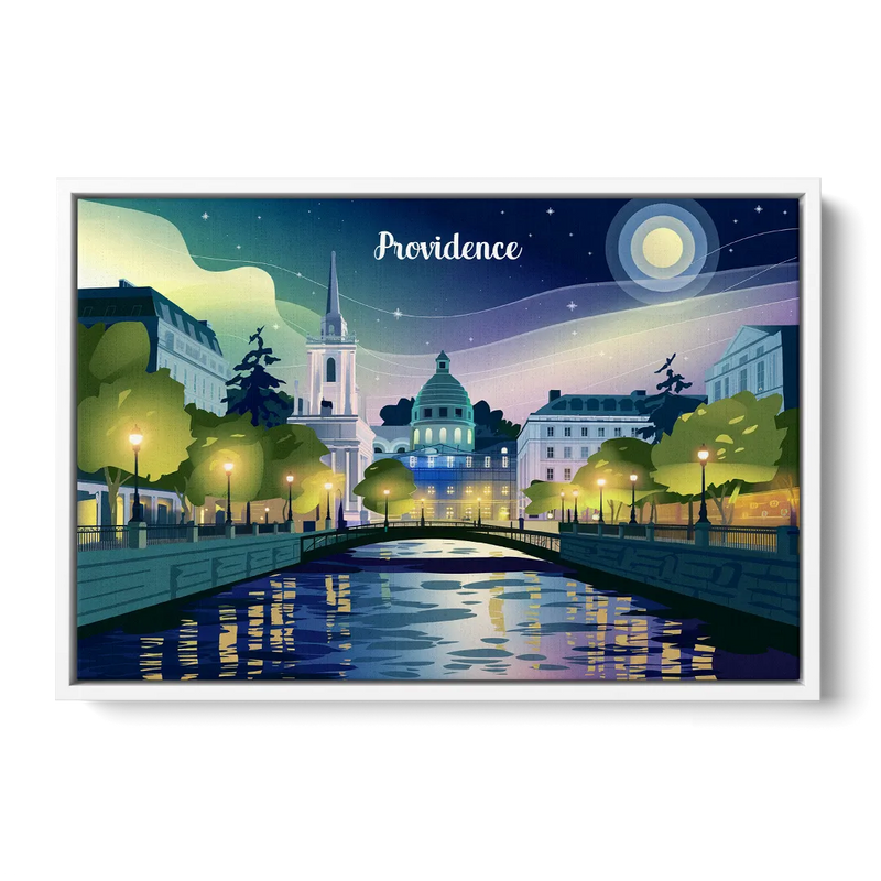 Providence Night Lights Front - White Canvas Wall Art