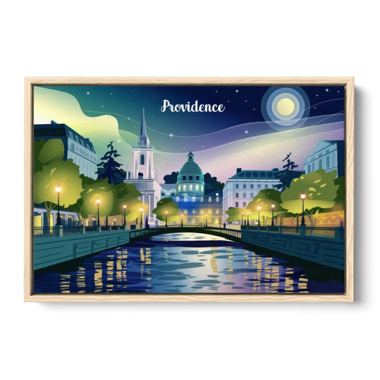 Providence Night Lights - Oak Framed Canvas Wall Art - Front
