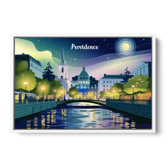 Providence Night Lights - White Framed Canvas Wall Art - Front