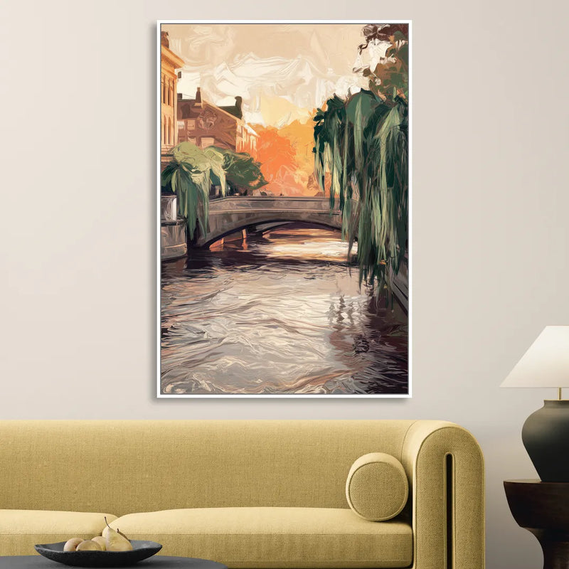 Providence Riverwalk Scene Living Room - White Canvas Wall Art