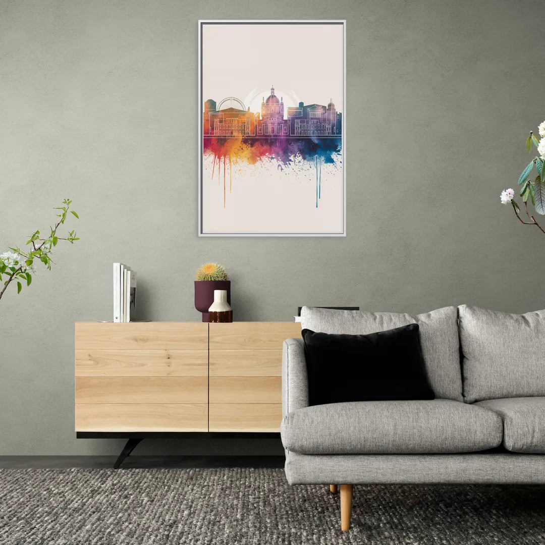 Providence Skyline at Sunset - Living Room White Frame Canvas