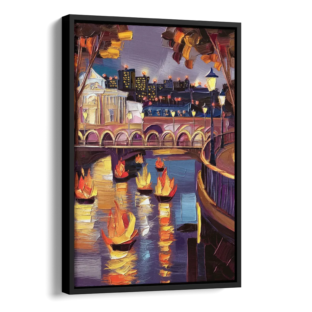Providence Waterfire Glow Side - Black Canvas Wall Art