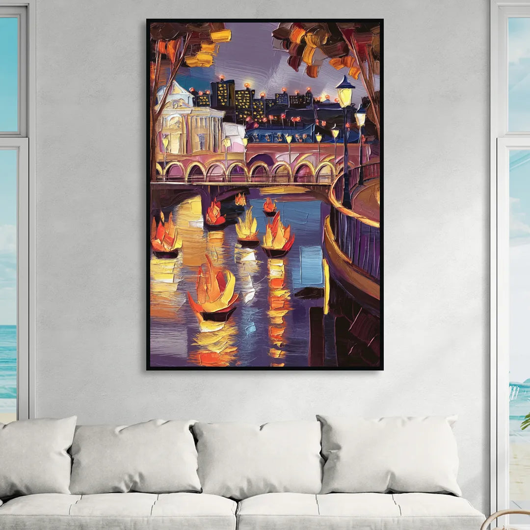 Providence Waterfire Glow Living Room - Black Canvas Wall Art