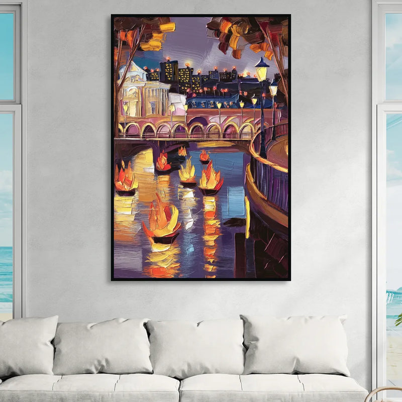 Providence Waterfire Glow Living Room - Black Canvas Wall Art