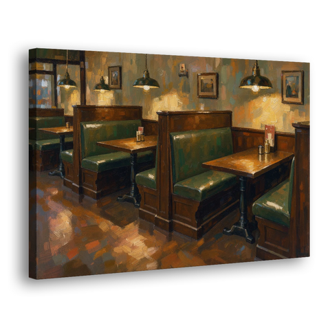 Pub Decor Green Leather Booths Under Brass Lamps - Canvas Wall Art - Side