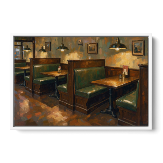 Pub Decor Green Leather Booths Under Brass Lamps - White Framed Canvas Wall Art - Front