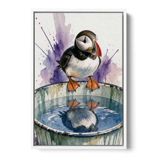 Puffin Admires Its Reflection in the Washtub - White Framed Canvas Wall Art - Front