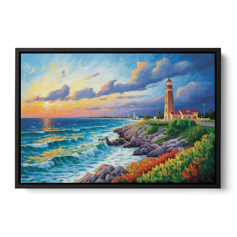 Punta Cancún Lighthouse Front - Black Canvas Wall Art