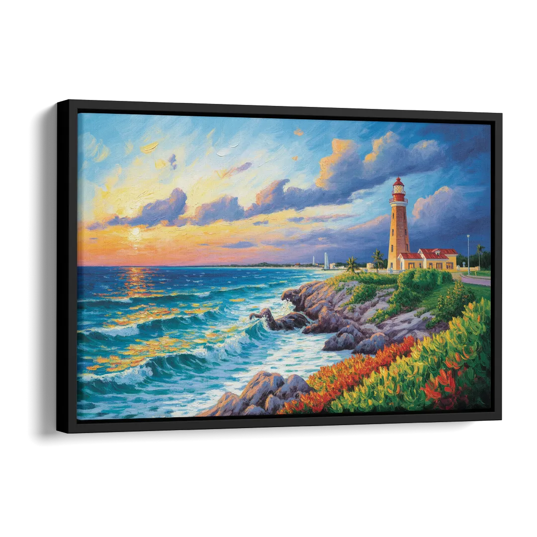 Punta Cancún Lighthouse Side - Black Canvas Wall Art