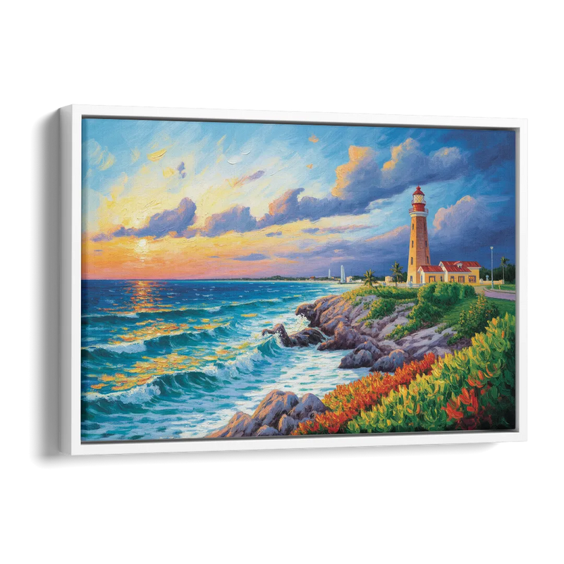 Punta Cancún Lighthouse Side - White Canvas Wall Art