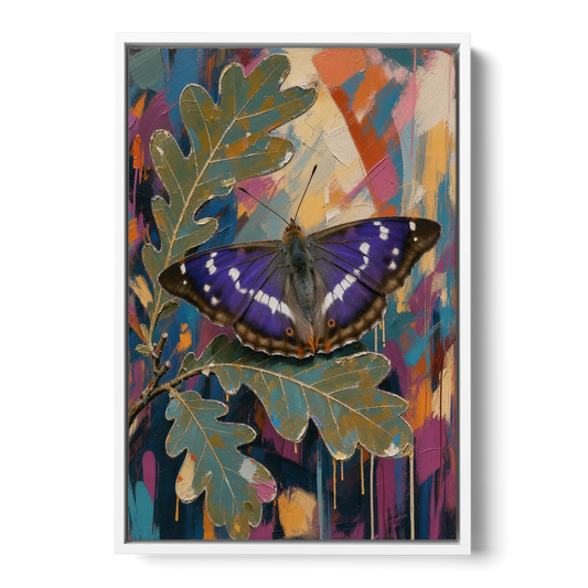 Purple Butterfly Wall Art on an Oak Leaf - White Framed Canvas Wall Art - Front
