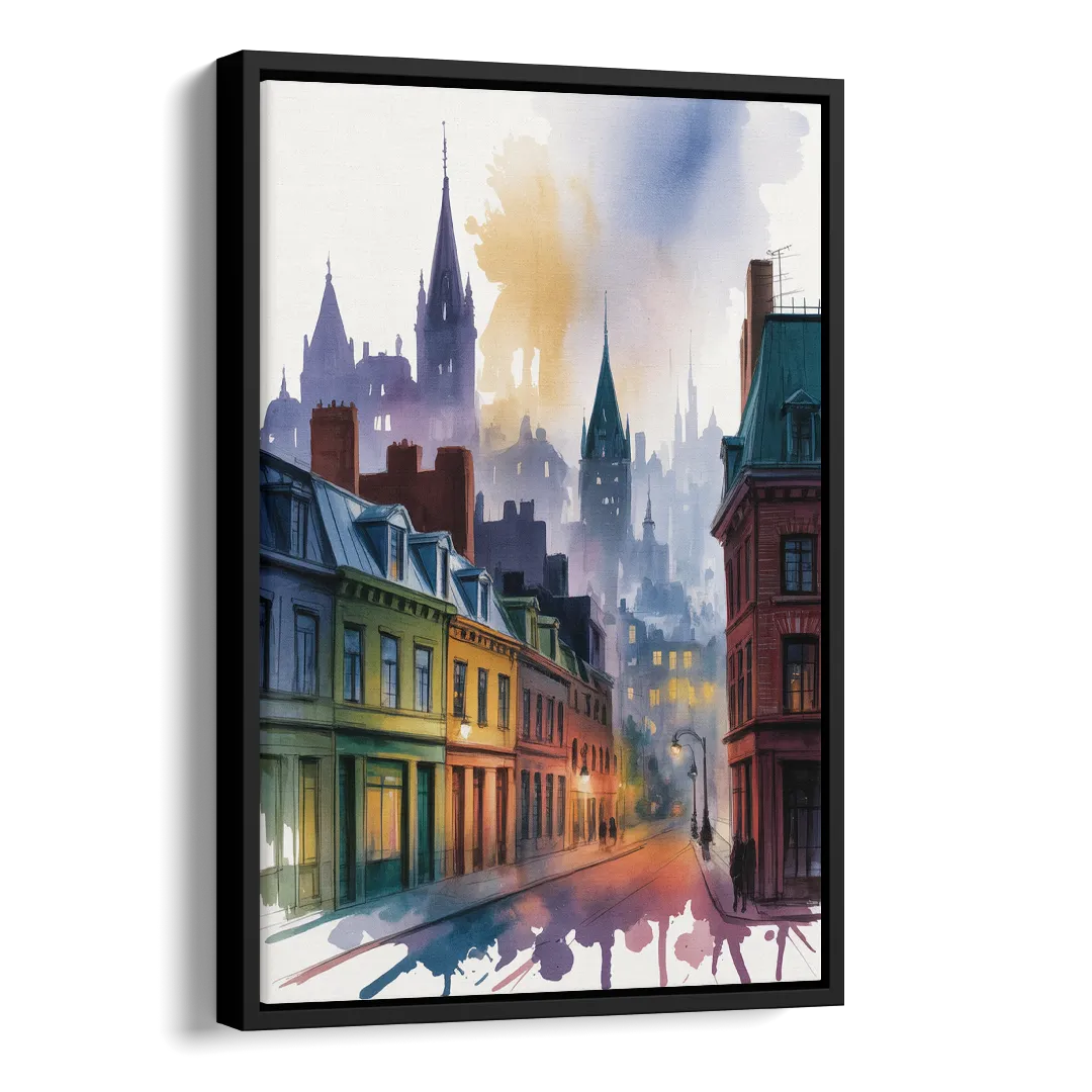 Qubec City by Night Side - Black Canvas Wall Art