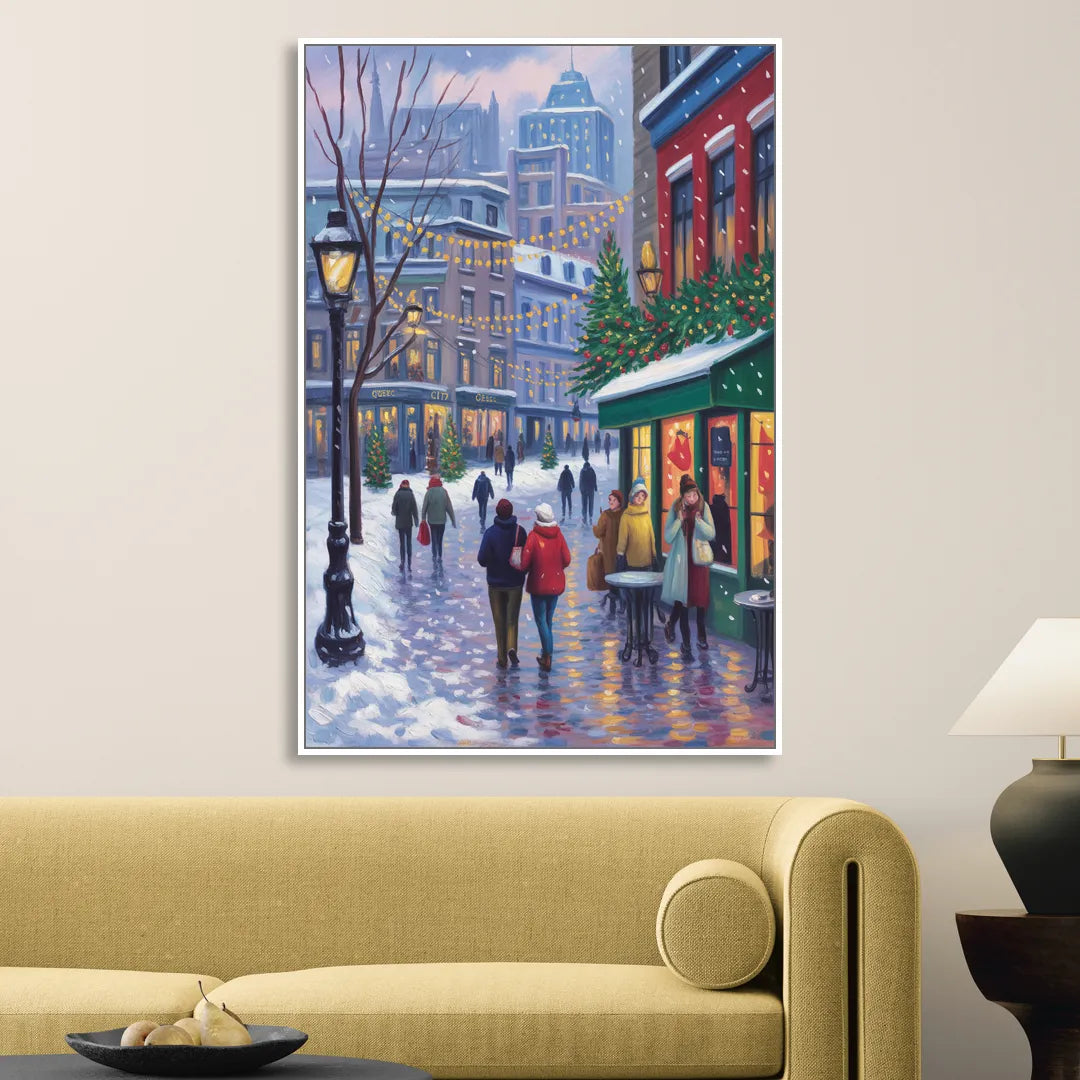 Quebec City Christmas Lights Sitting Room - White Canvas Wall Art
