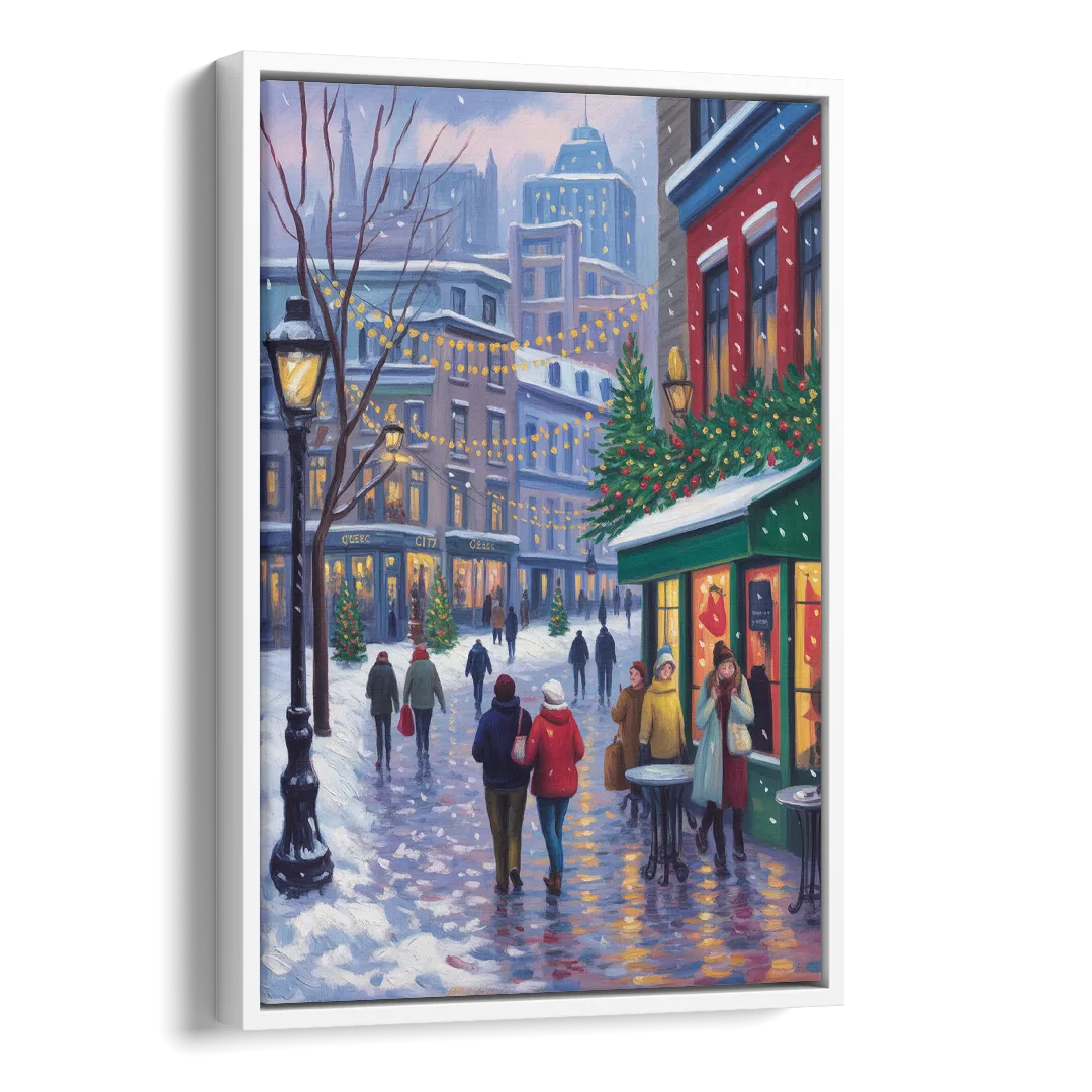 Quebec City Christmas Lights Side - White Canvas Wall Art