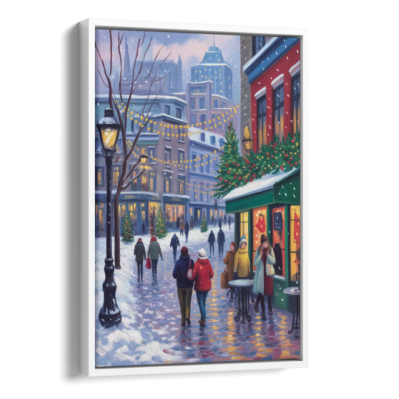 Quebec City Christmas Lights Side - White Canvas Wall Art