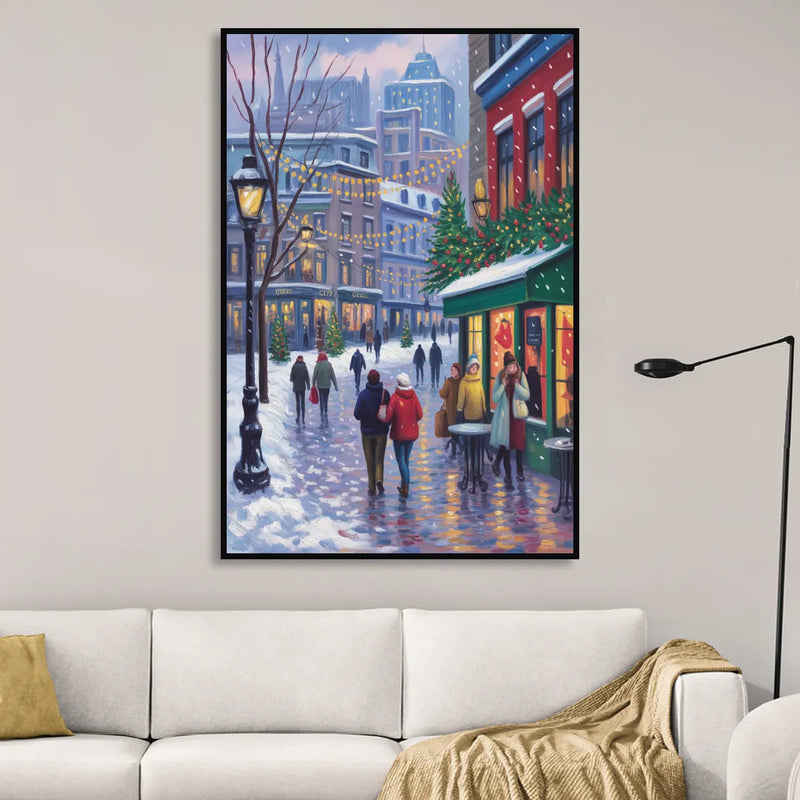 Quebec City Christmas Lights Living Room - Black Canvas Wall Art