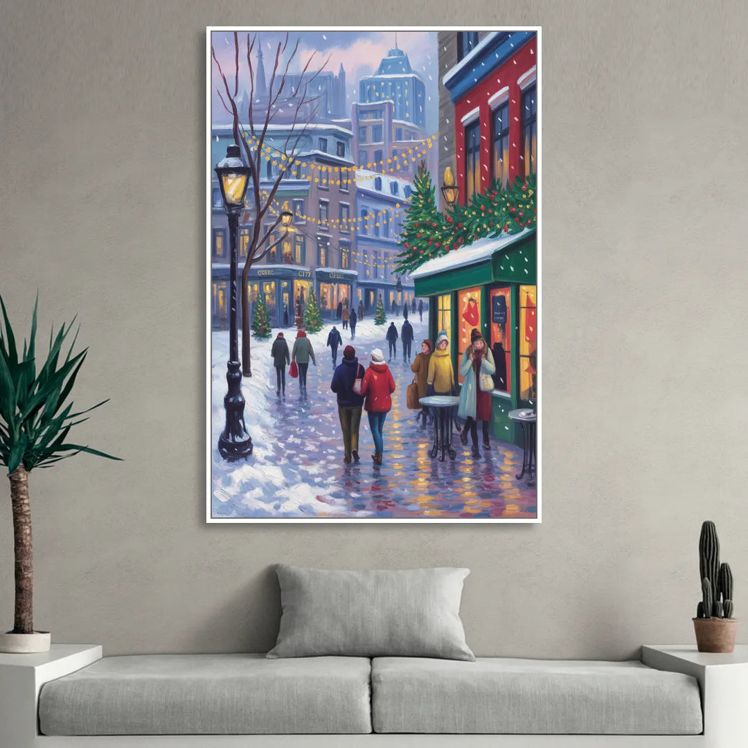Quebec City Christmas Lights Living Room - White Canvas Wall Art