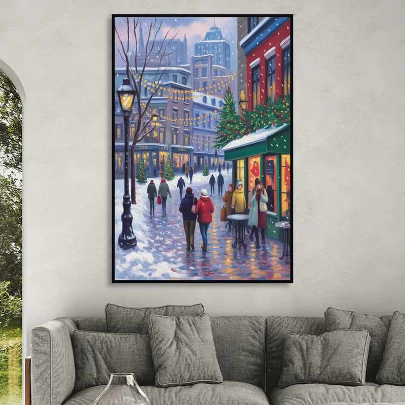 Quebec City Christmas Lights Sitting Room - Black Canvas Wall Art