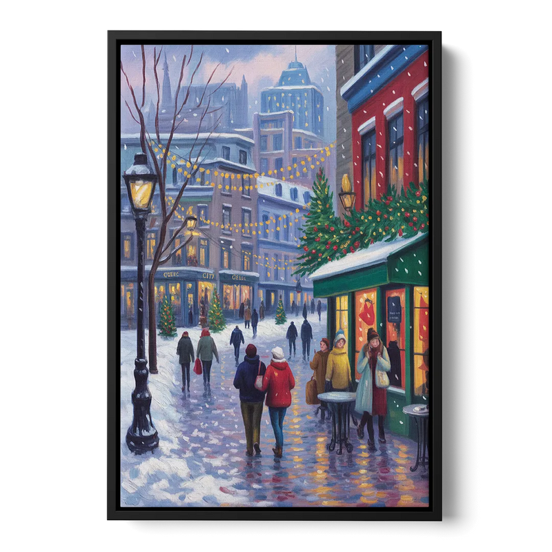 Quebec City Christmas Lights Front - Black Canvas Wall Art
