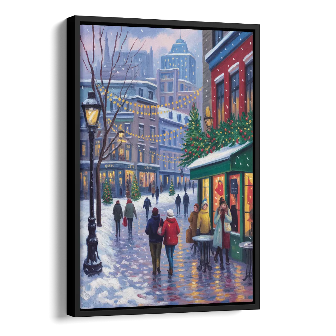 Quebec City Christmas Lights Side - Black Canvas Wall Art