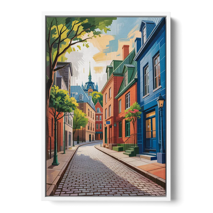 Quebec City Cobblestone Road Front - White Canvas Wall Art