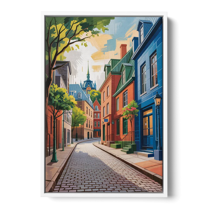 Quebec City Cobblestone Road Front - White Canvas Wall Art
