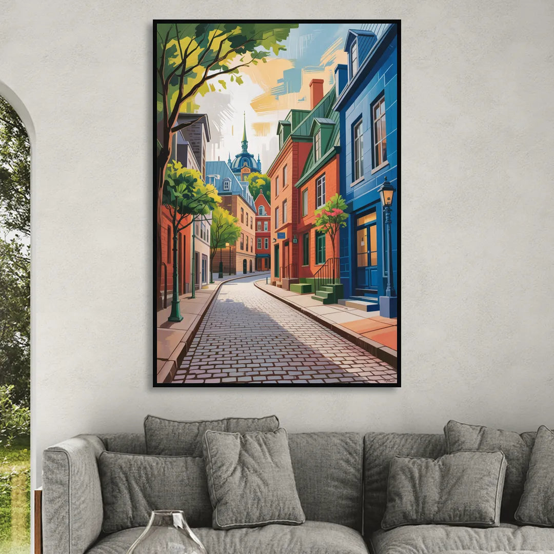 Quebec City Cobblestone Road Living Room - Black Canvas Wall Art
