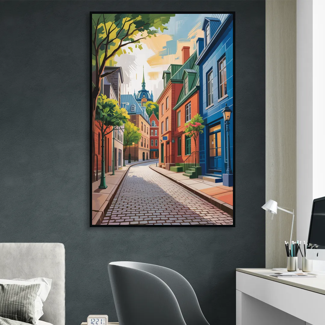 Quebec City Cobblestone Road Sitting Room - Black Canvas Wall Art