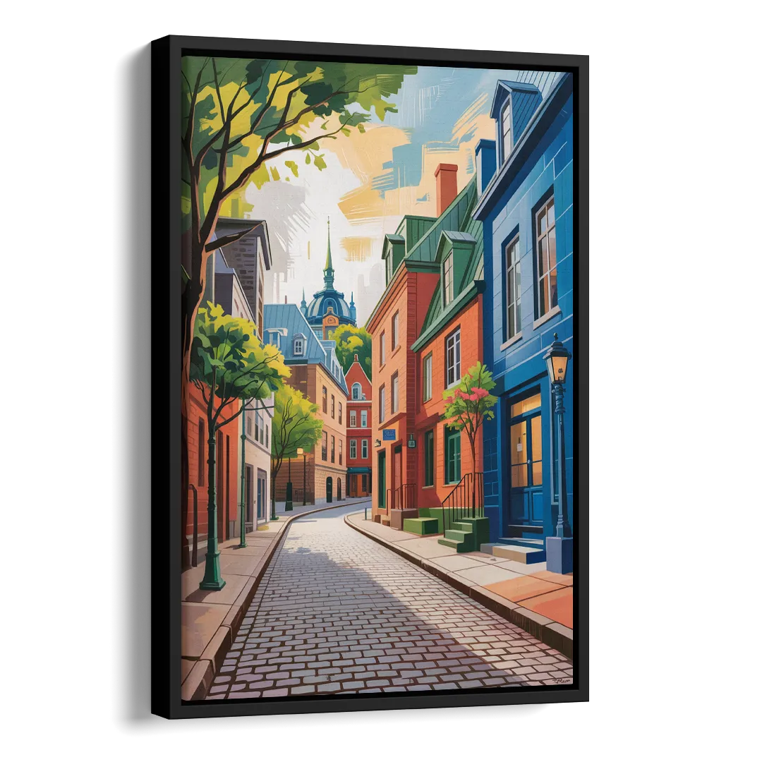 Quebec City Cobblestone Road Side - Black Canvas Wall Art