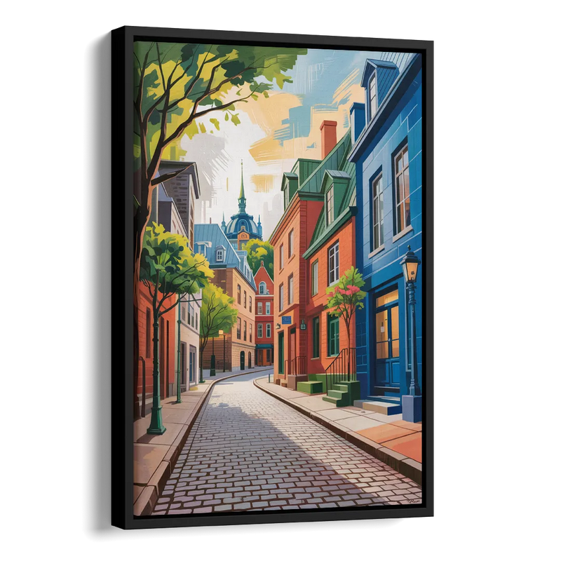Quebec City Cobblestone Road Side - Black Canvas Wall Art