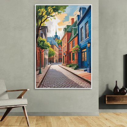 Quebec City Cobblestone Road Sitting Room - White Canvas Wall Art