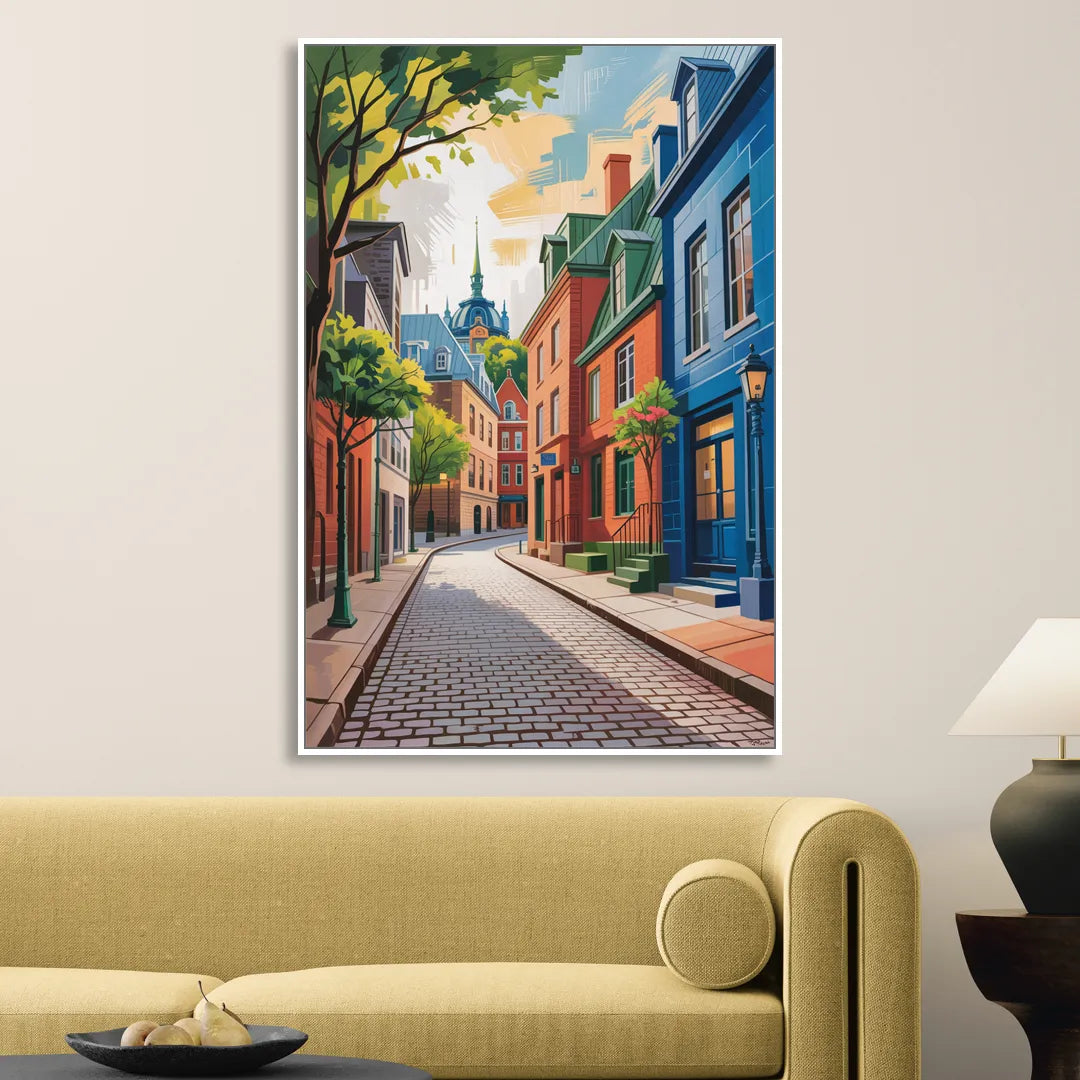 Quebec City Cobblestone Road Living Room - White Canvas Wall Art