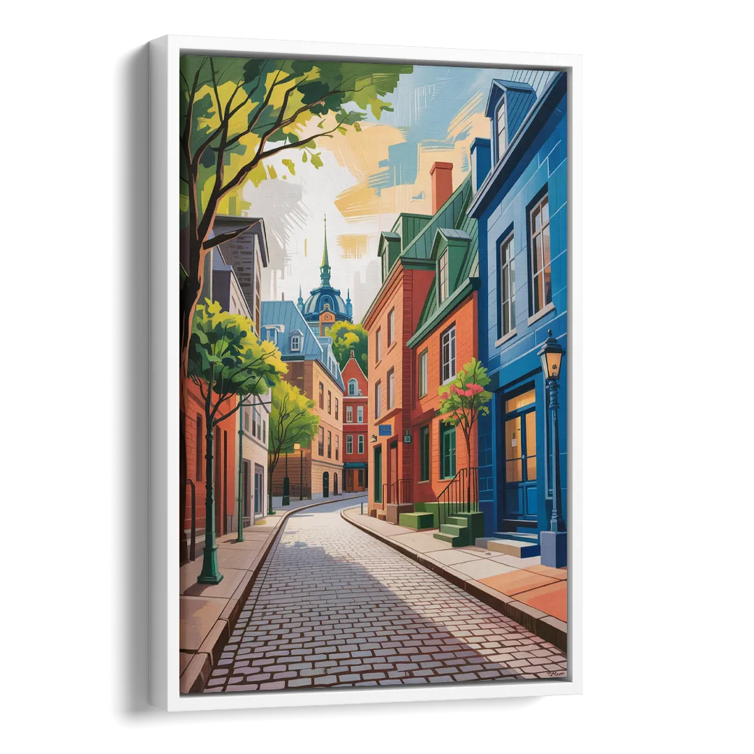 Quebec City Cobblestone Road Side - White Canvas Wall Art