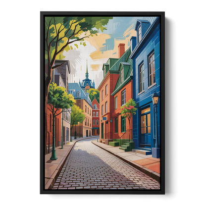 Quebec City Cobblestone Road Front - Black Canvas Wall Art