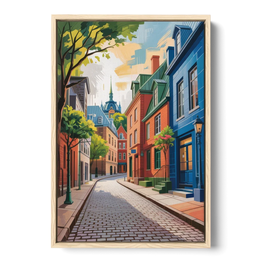 Quebec City Cobblestone Road - Oak Framed Canvas Wall Art - Front