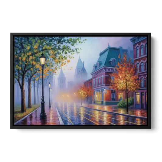 Quebec City Foggy Morning - Black Framed Canvas Wall Art - Front